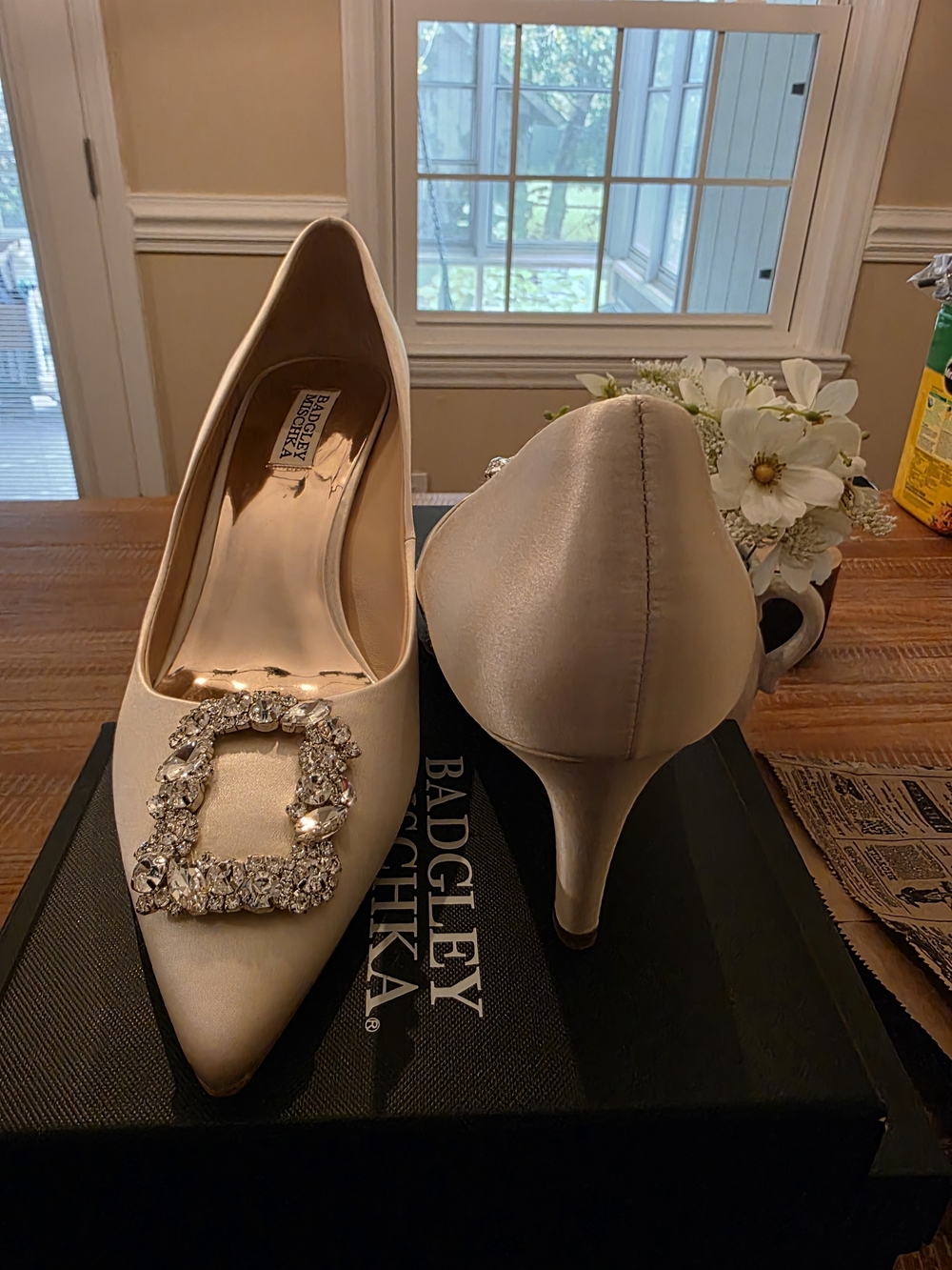 Badgley Mischka Cream Satin Pointed Toe Crystal Buckle Pump